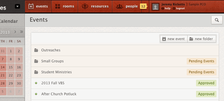 An events search bar with populated search results.
