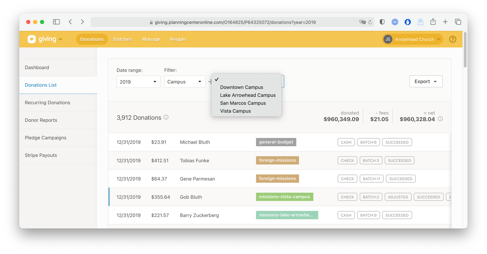 A donations dashboard in Giving filtered by church campus showing total donations and the amounts given.