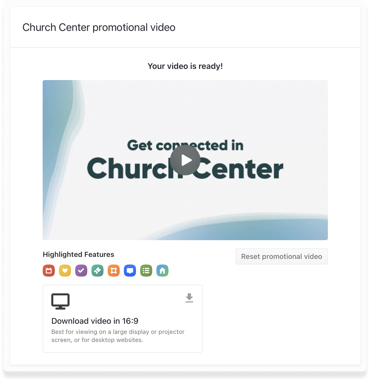 A thumbnail of the Church Center promo video in Publishing with icons of highlighted features underneath.