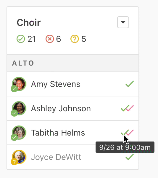 A list of volunteers with attendance status.