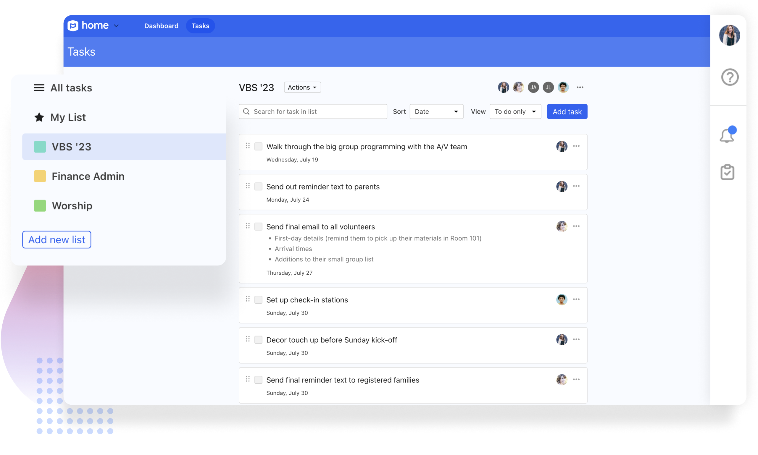 A VSB task list in Planning Center Home with multiple entries.
