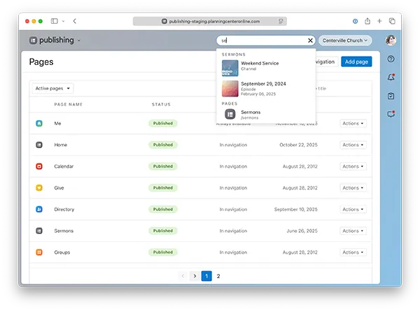 A webpage interface showing a list of pages with their names, status, and actions. A search dropdown for "Sermons" is open.
