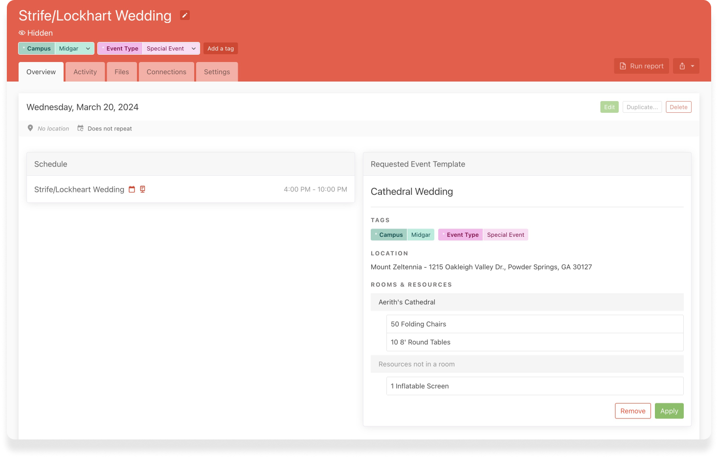 A wedding event template with pre-filled fields.