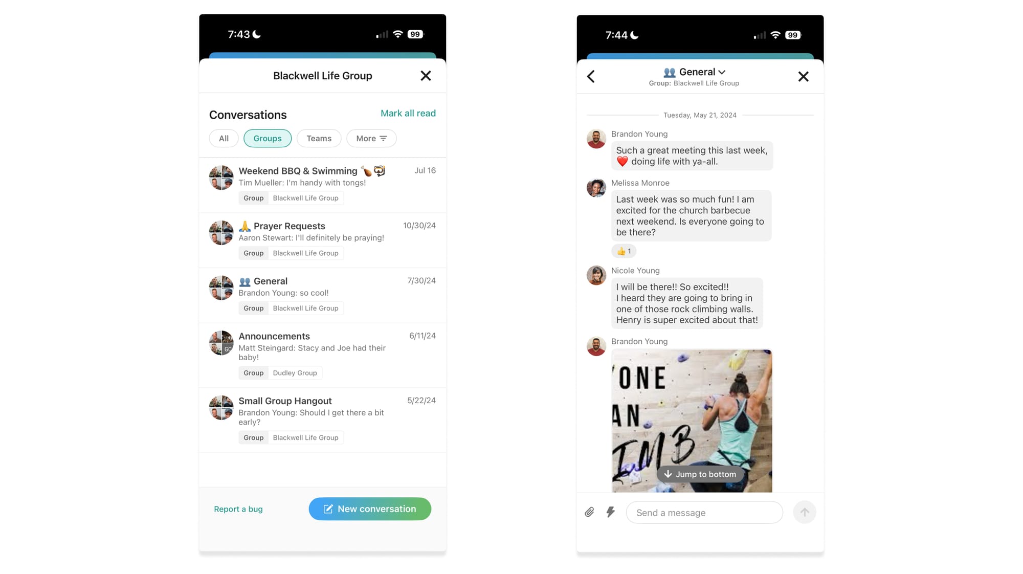 Chat conversations in Planning Center Groups with different chat threads and conversation bubbles.