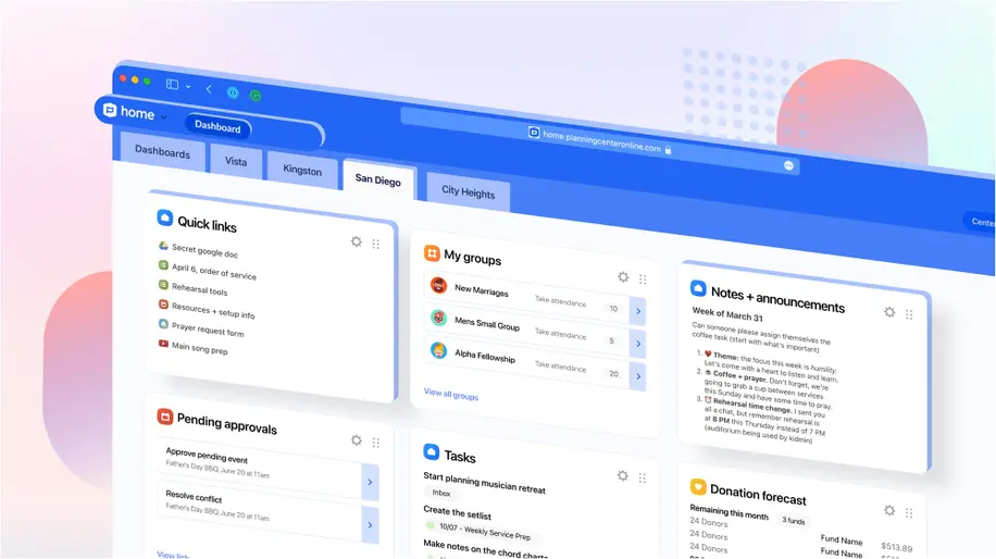 A dashboard in Planning Center Home with six different widgets highlighting information and metrics.