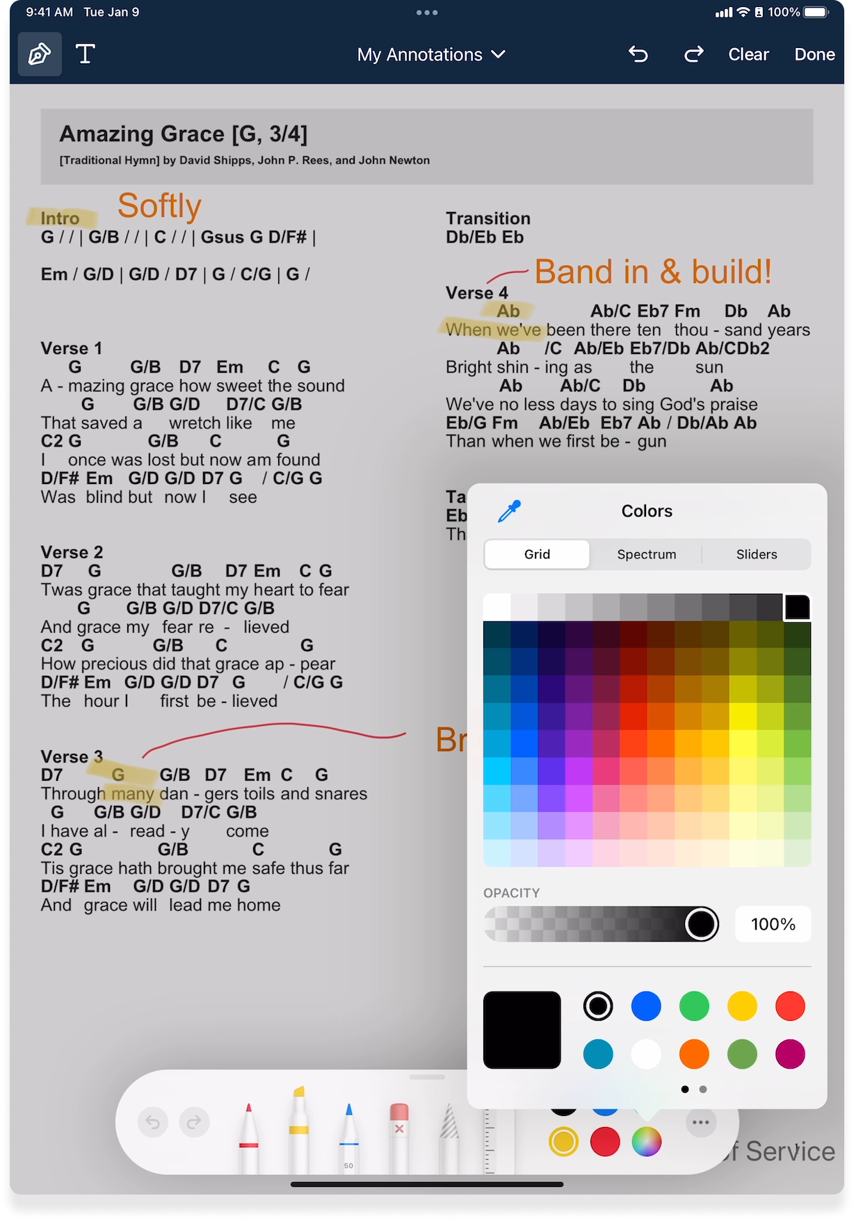 An annotated song with the different color options for the editing pencil. 