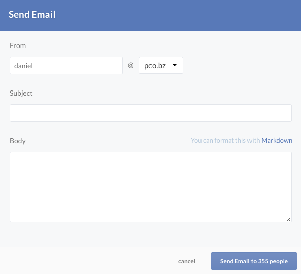 null A blank email composition box with from, subject line, and body fields.