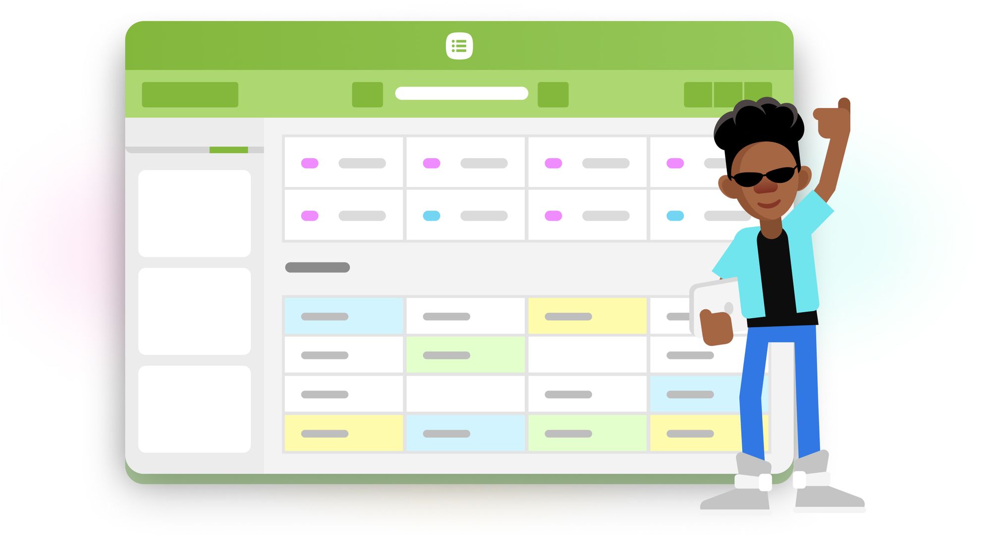 null A boy wearing sunglasses giving a thumbs up while standing next to a scheduling grid.