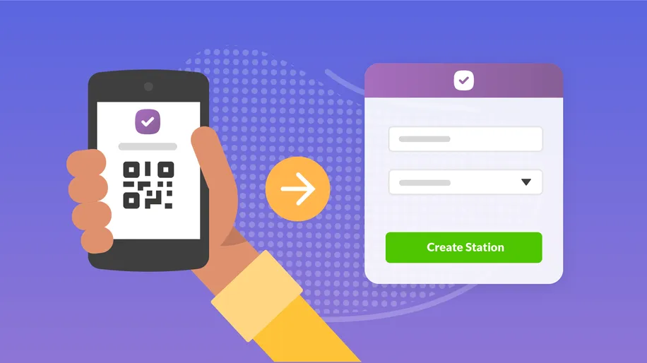 An illustrated hand holding a cell phone with a QR code on the screen to check in.