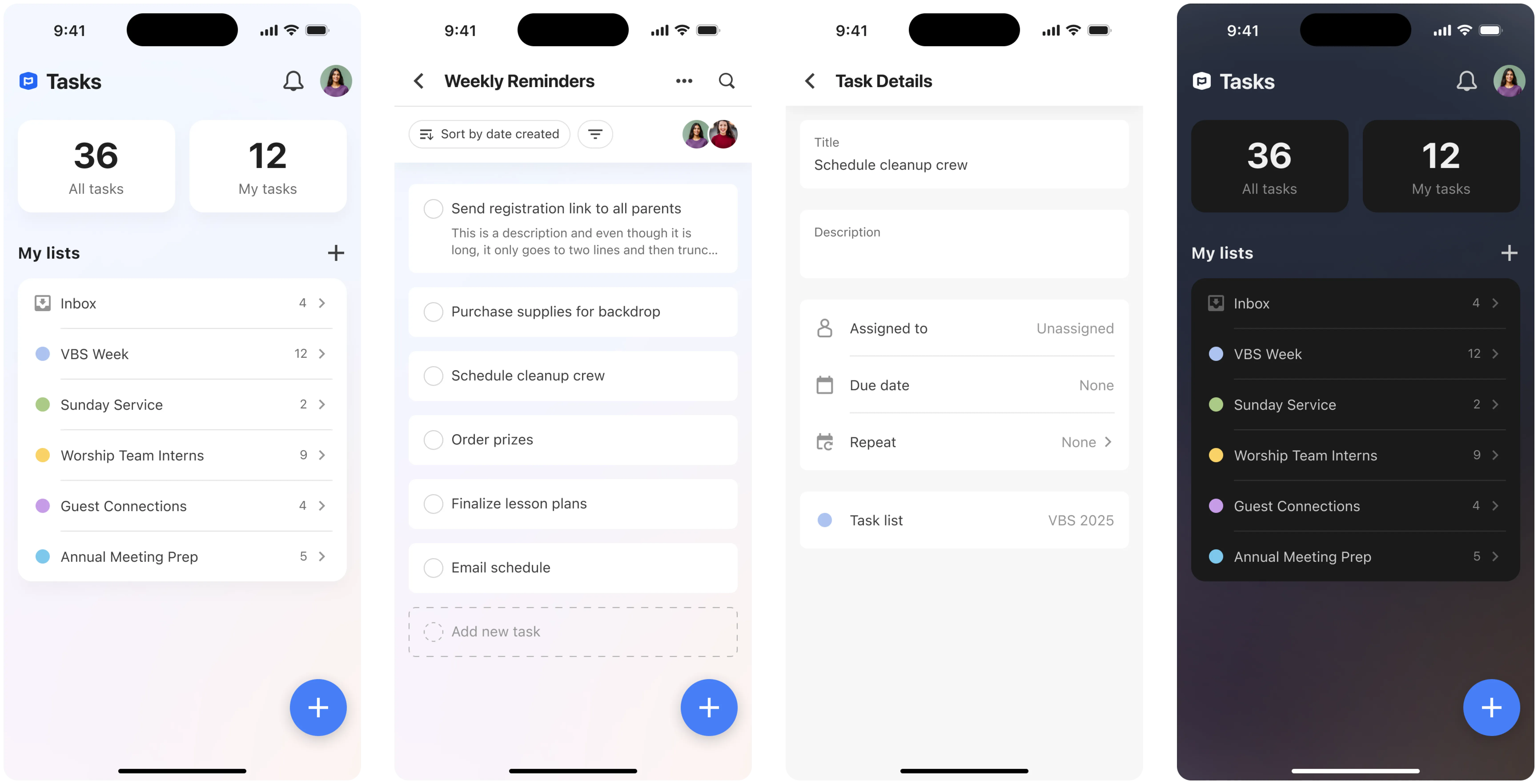 Showcase of Tasks app screens