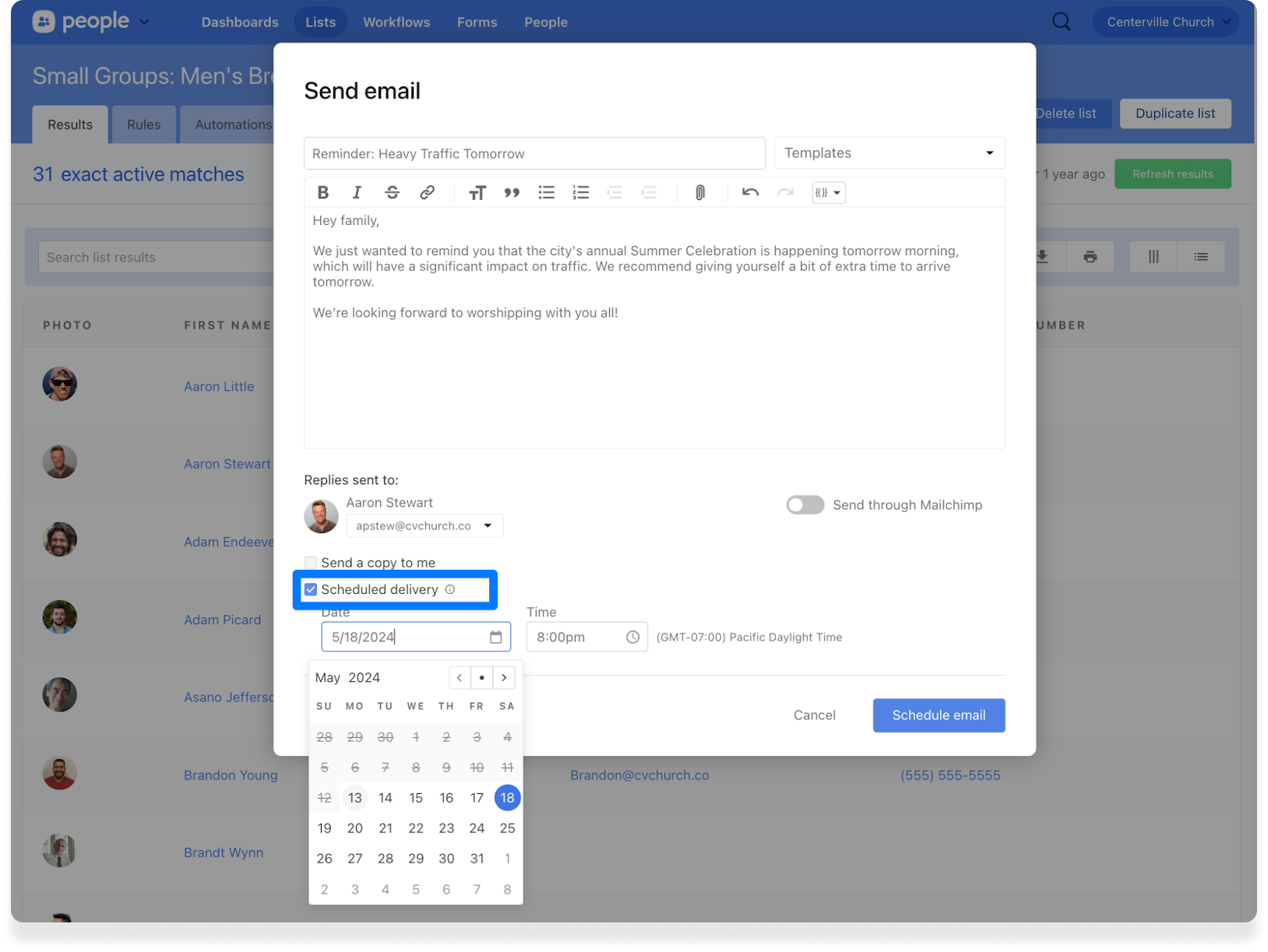 The email modal in Planning Center People with a drop-down to select a send date and time.