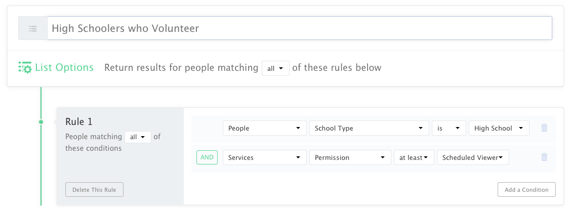null List options based on matched field conditions and search options.