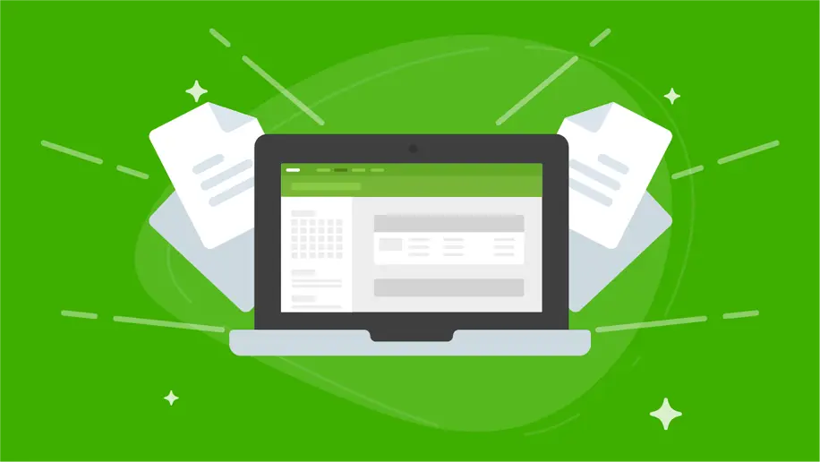 An illustrated open laptop displaying a Services plan grid and white pages in the background.