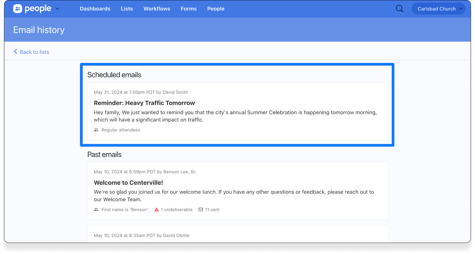 The email history page in Planning Center People with scheduled emails and past emails listed.