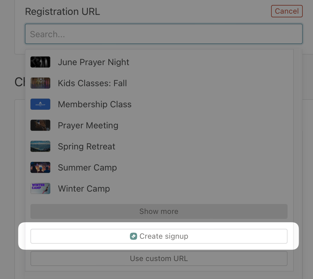 A button option to create an event signup.