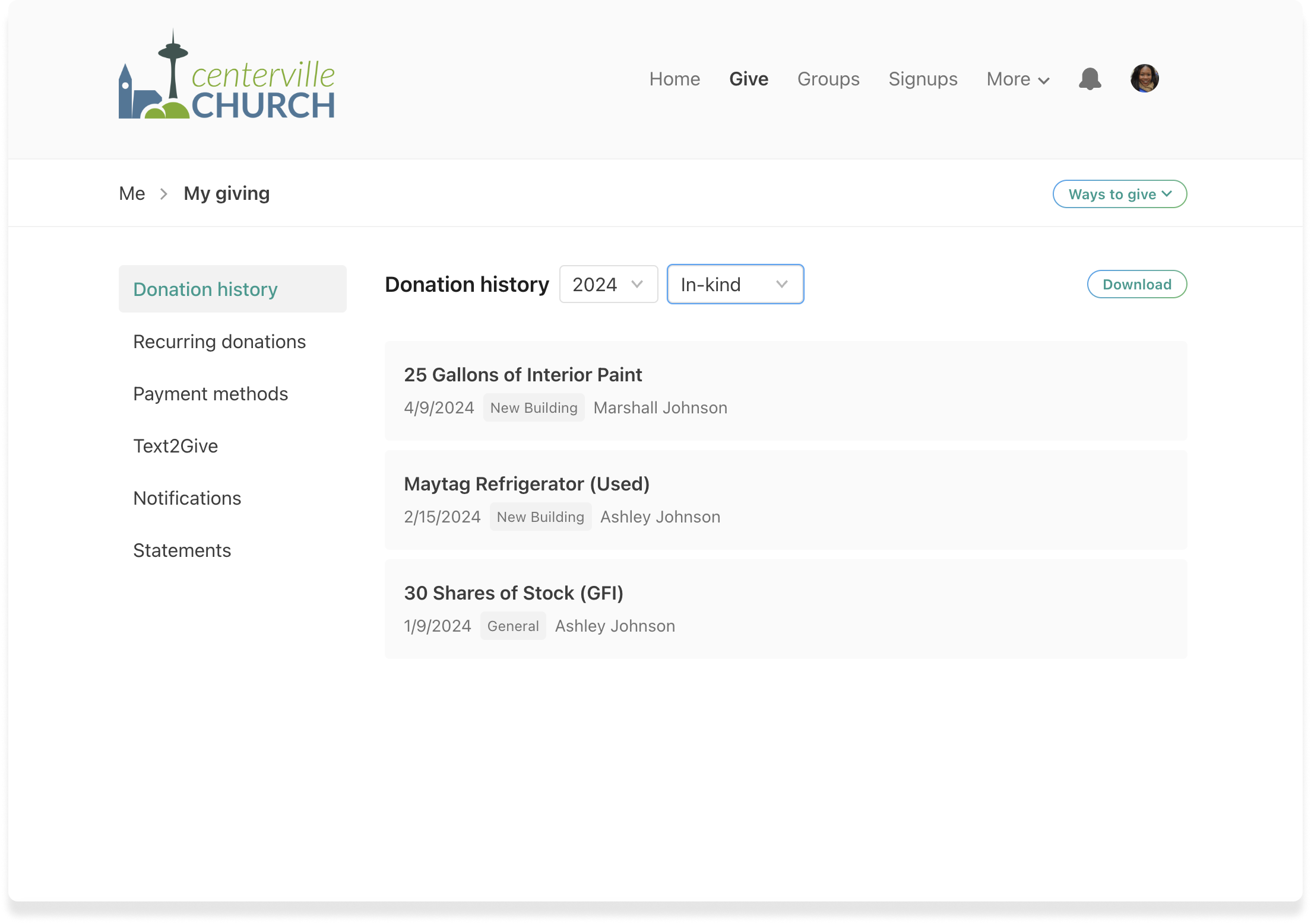 The donation history tab on Church Center with three different in-kind donations listed.