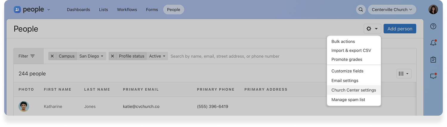 A drop-down menu in Planning Center People with 