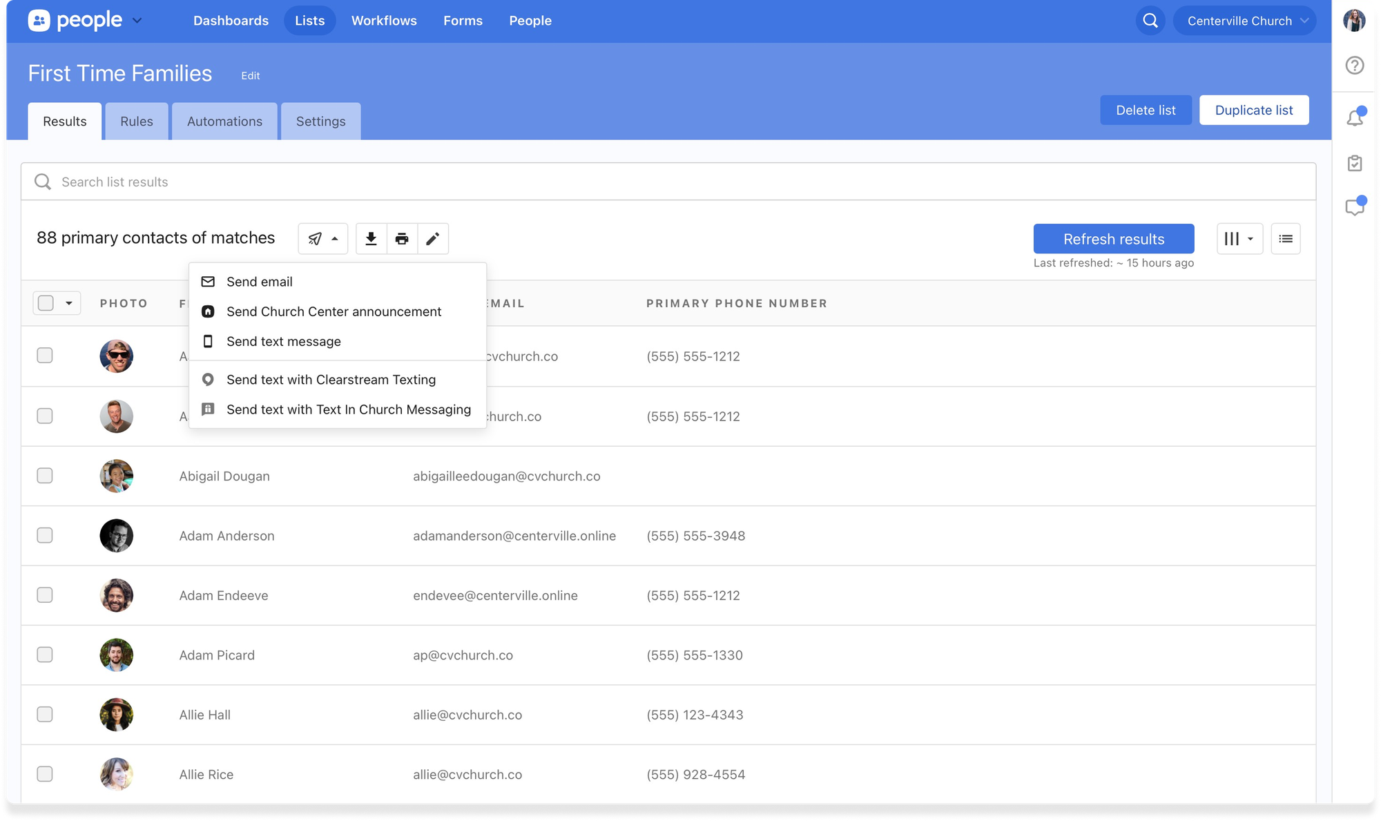 A list of people in Planning Center People showing a drop-down menu with the option to send texts.