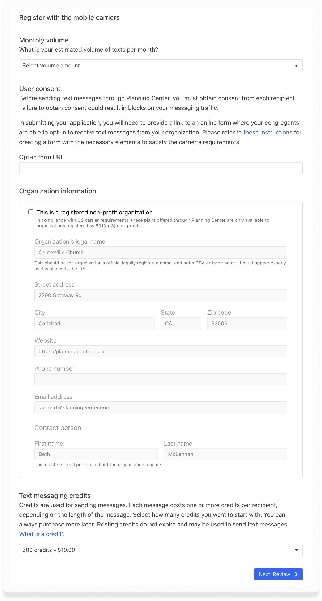 A mobile carrier registration form inside Planning Center People with multiple fields.