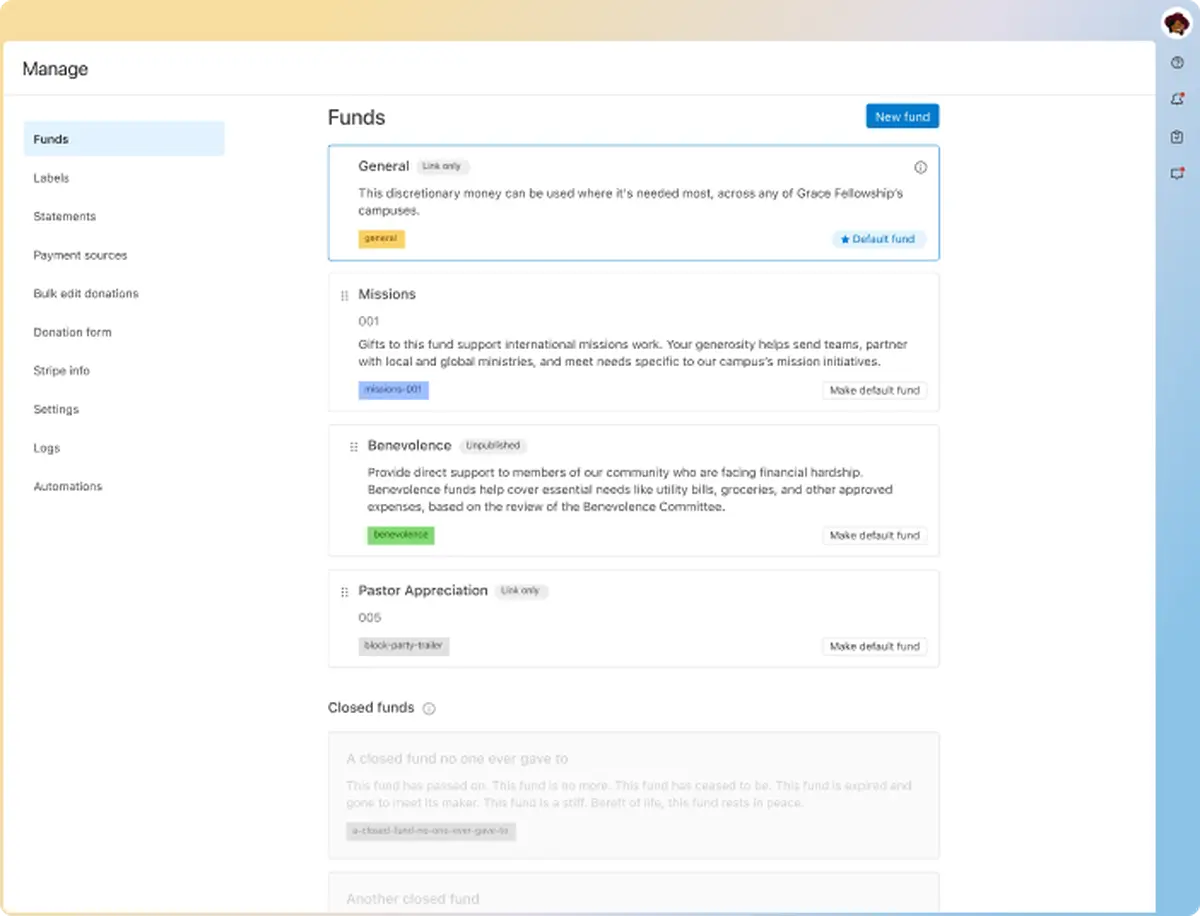 Church management dashboard displaying fund options including General, Missions, and Benevolence, with an option to create a new fund.