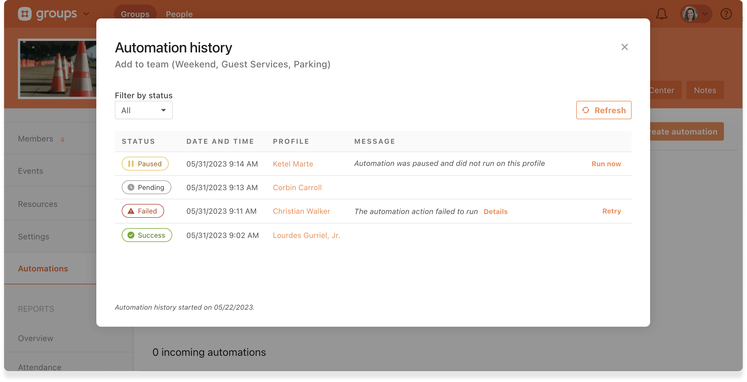An automation's history with four different statuses: paused, pending, failed, and success.
