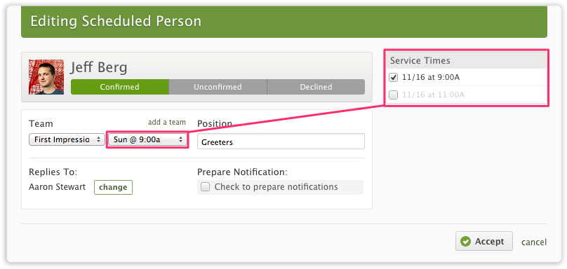 The editing scheduled volunteer option with different service times highlighted.