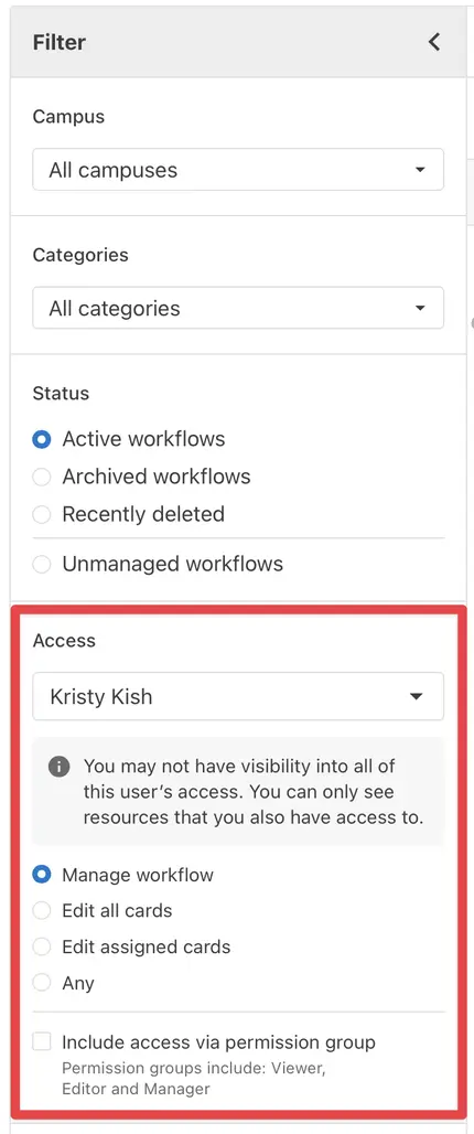 Filter settings menu showing options with the new access permissions filter highlighted