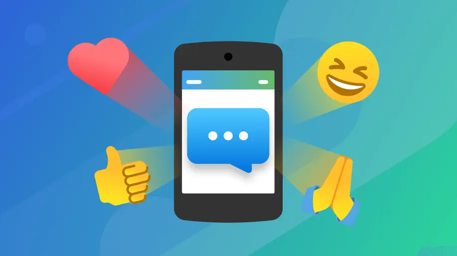 A cell phone with a conversation bubble on the screen and four different emojis flying out.