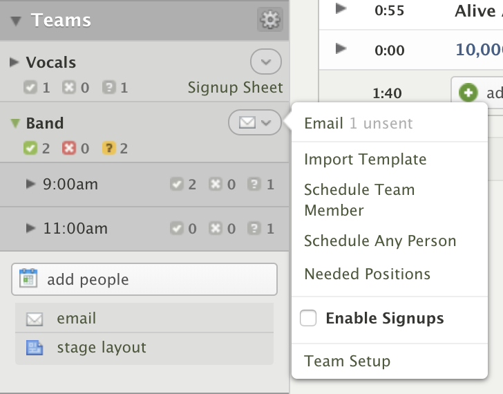 null A teams modal in Services displaying the email option drop-down with scheduling options.