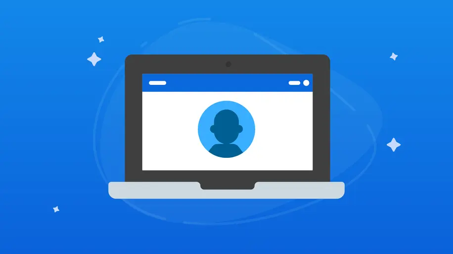 An illustrated laptop open with the silhouette of a person's profile picture in the center. 