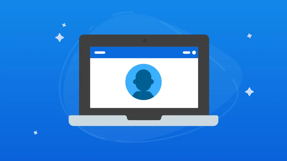 An illustrated laptop open with the silhouette of a person's profile picture in the center. 