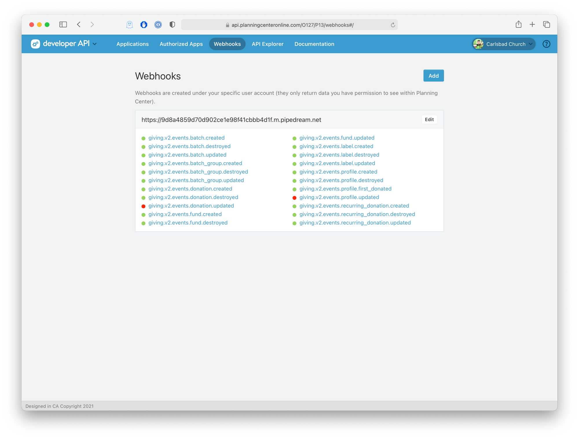 The developer API dashboard displaying a list of active webhooks. 