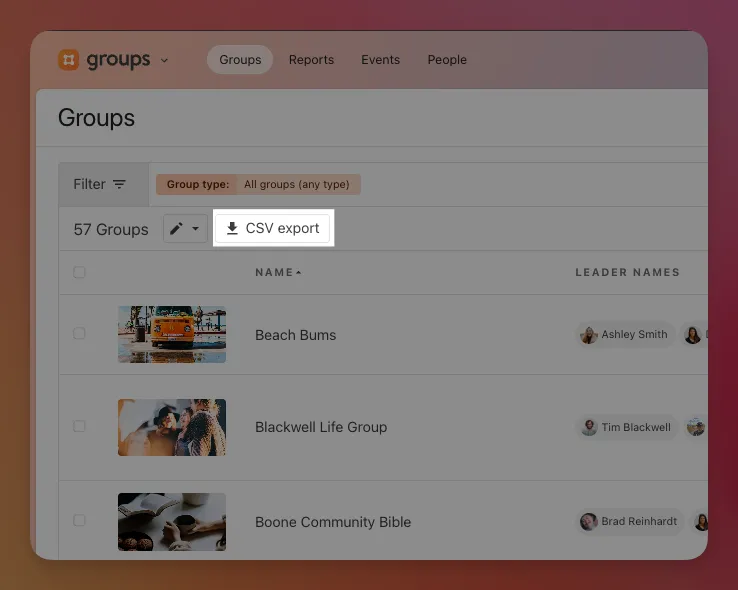 User interface of a group management tool showing a list of groups with options to filter, export as CSV, and view leader names.