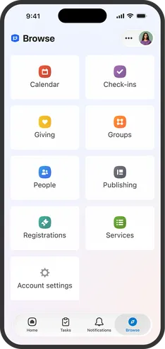 Mobile app interface with options: Calendar, Check-ins, Giving, Groups, People, Publishing, Registrations, Services, and Account settings.