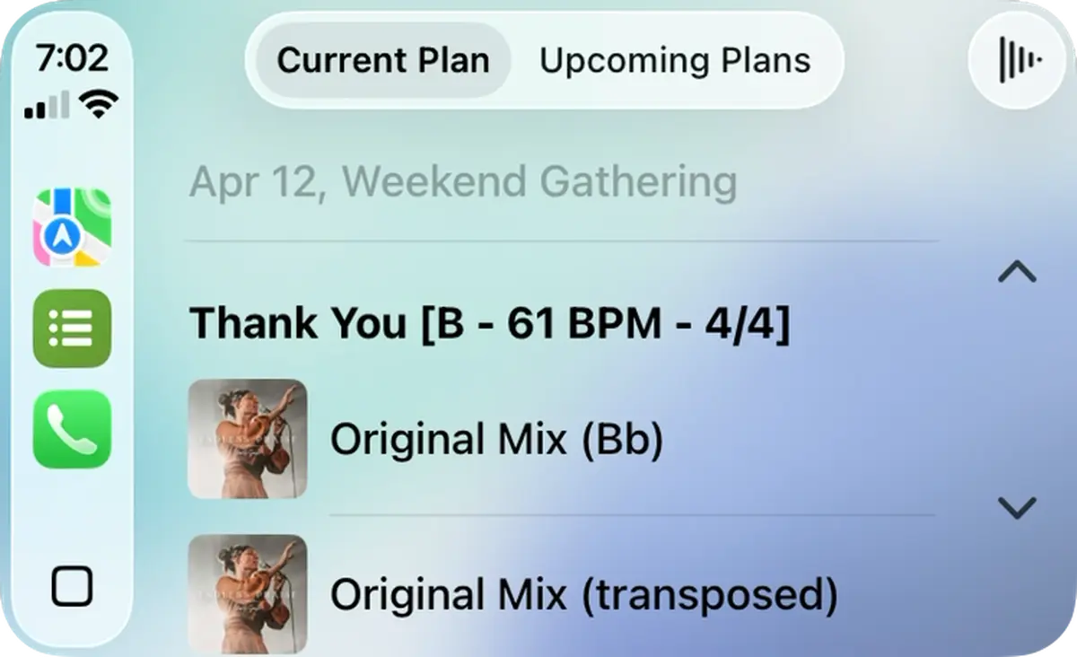 Smartphone screen showing a music playlist with headers "Current Plan" and "Upcoming Plans." An entry is titled "Thank You," 61 BPM.
