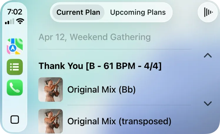 Smartphone screen showing a music playlist with headers "Current Plan" and "Upcoming Plans." An entry is titled "Thank You," 61 BPM.