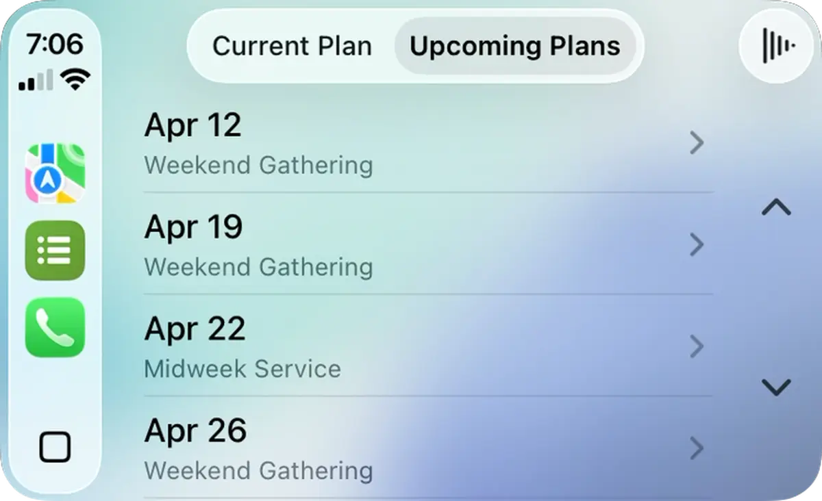 Phone screen showing a calendar app with "Current Plan" and "Upcoming Plans" tabs. Events listed are for April, including weekend gatherings.