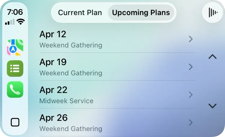 Phone screen showing a calendar app with "Current Plan" and "Upcoming Plans" tabs. Events listed are for April, including weekend gatherings.