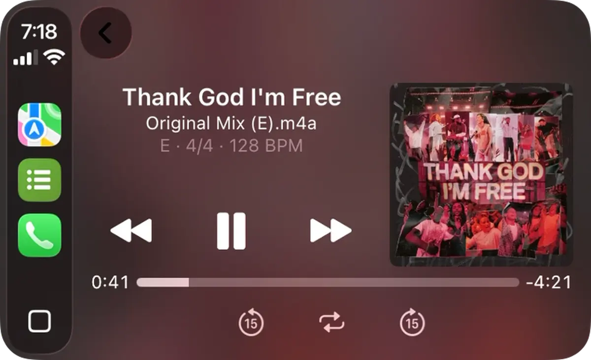 Music player screen showing "Thank God I'm Free" by Original Mix. Album cover features a collage of people. Time elapsed: 0:41 of 4:21.