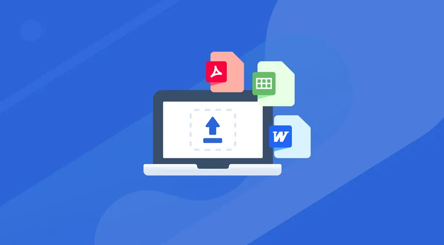 An open laptop with an upload symbol on the screen and different compatible file types floating on the side.