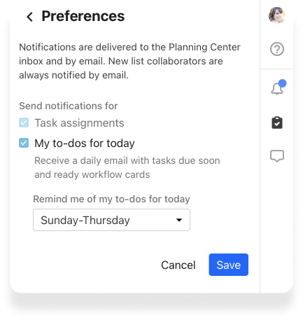 The notifications preferences menu in Planning Center Home with a blue Save button in the bottom right corner.