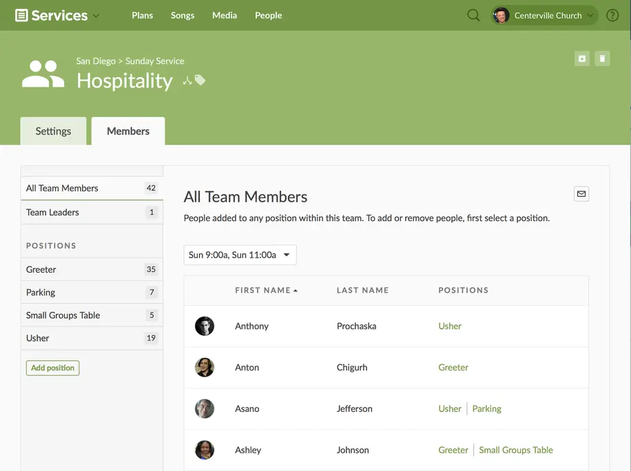 The members page in Services displaying all team members, sorted by name and positions, and profile pictures to the left.