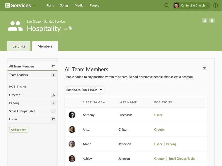 The members page in Services displaying all team members, sorted by name and positions, and profile pictures to the left.