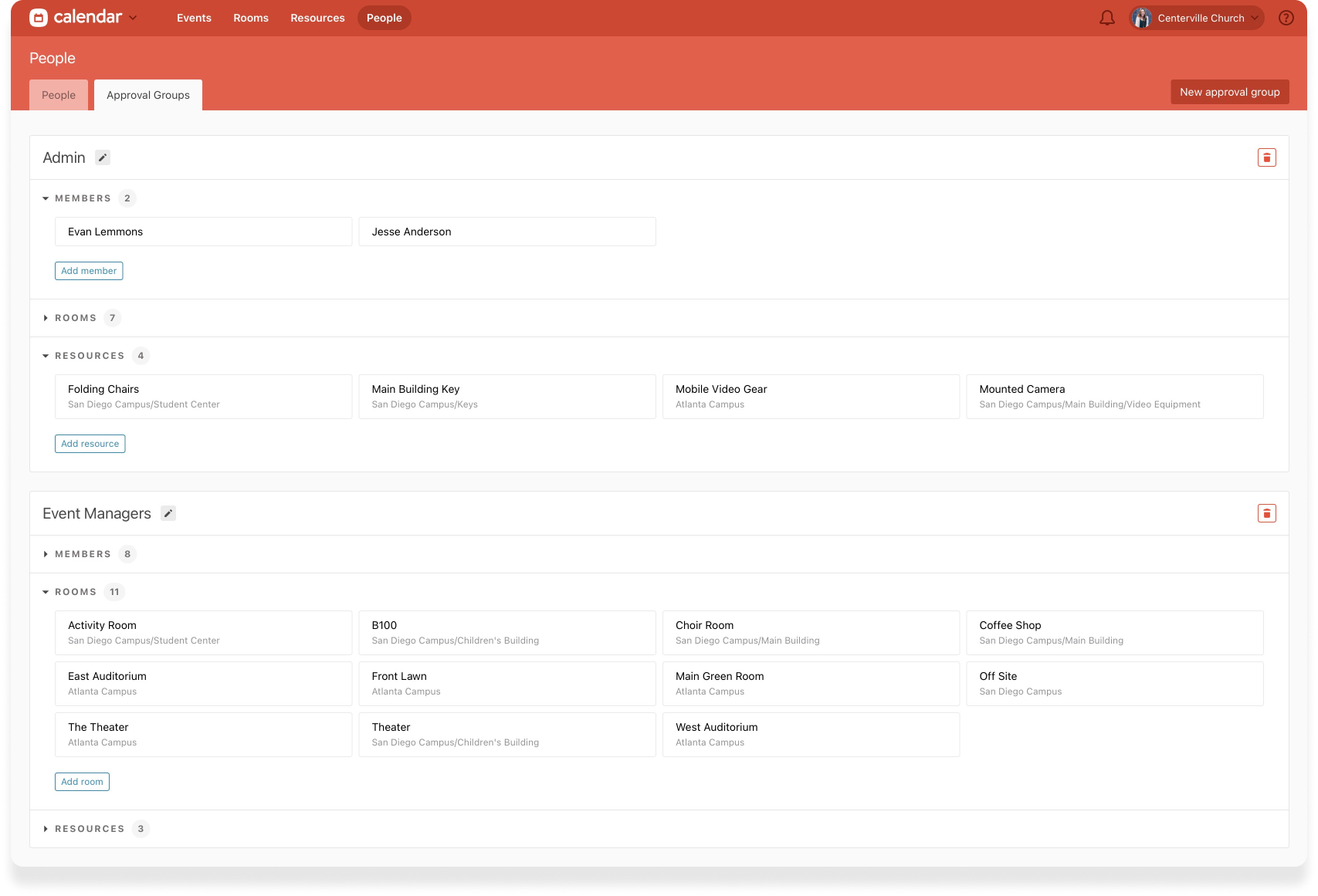 The Approval Groups tab in Calendar displaying admins, and available rooms and resources.