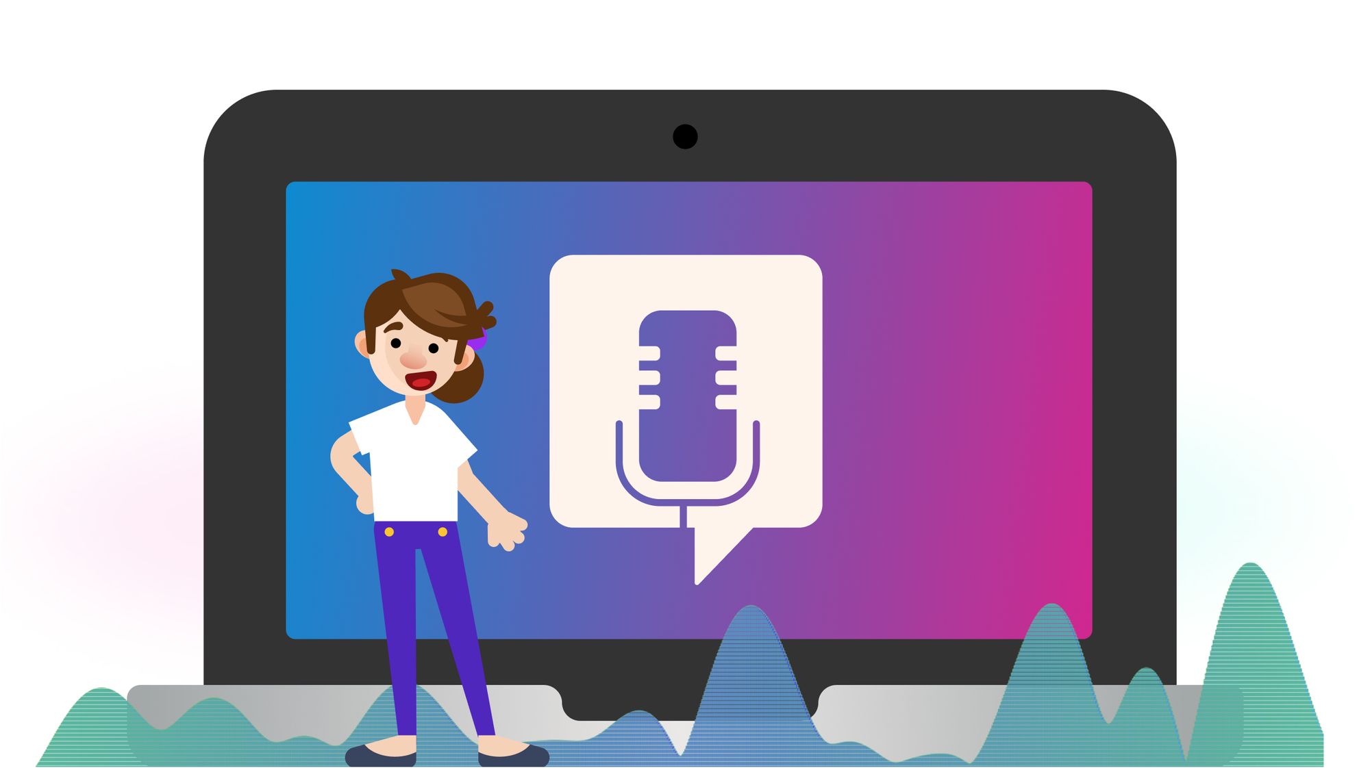 null A smiling women next to an open laptop with a microphone icon on the screen.