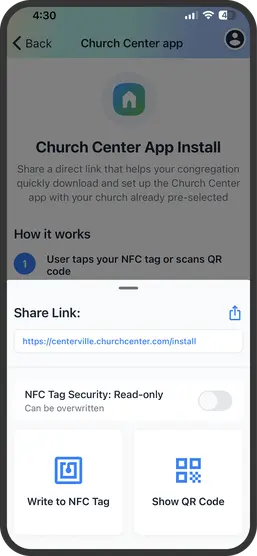 Church Center App Install screen with instructions on NFC tag or QR code use. Options to write NFC tag or show QR code.
