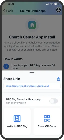Church Center App Install screen with instructions on NFC tag or QR code use. Options to write NFC tag or show QR code.