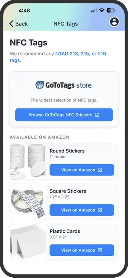 Smartphone screen showing NFC Tags options from GoToTags, including round stickers, square stickers, and plastic cards available on Amazon.