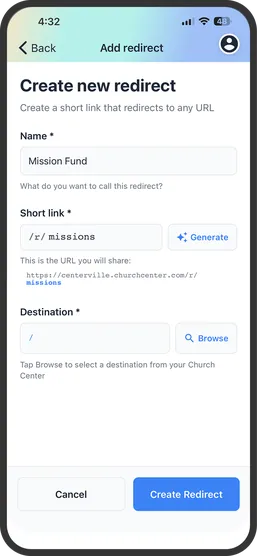 Mobile screen showing a redirect creation form, titled "Mission Fund," with options to create a short link and set a destination URL.