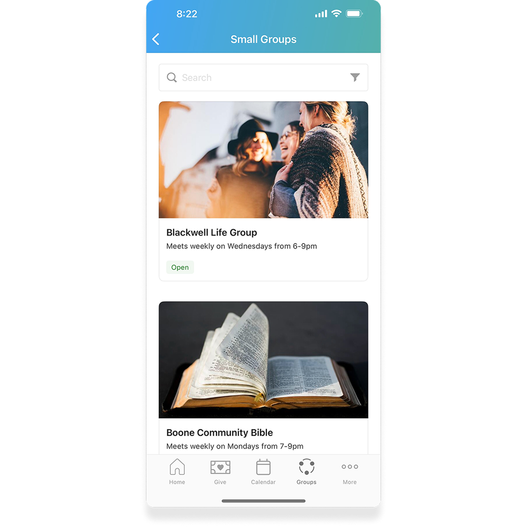 An image showing the groups discover page on the Church Center app